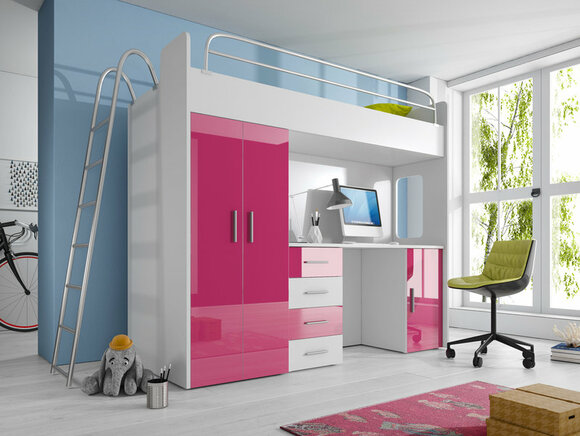 DOUBLE BUNK BED BUNK BED WITH DESK + WARDROBE PINK