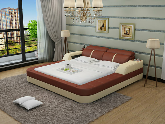 Designer leather double bed with bedside console & light 140/160/180cm sizes, model - LB8823