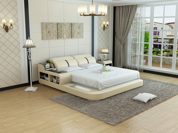 Designer leather double bed with bedside console & light 140/160/180cm height, model - LB8821