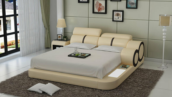 Designer leather double bed with bedside console & light 140/160/180cm sizes, model - LB8816