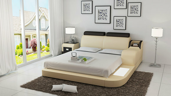 Designer leather double bed with bedside console & light 140/160/180cm sizes, model - LB8813