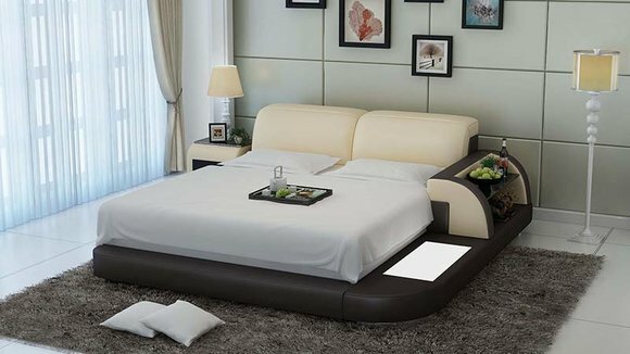 Designer leather double bed with bedside console & light 140/160/180cm sizes, model - LB8812