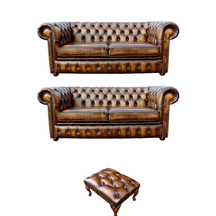 Chesterfield Sofa Set 2+2 Seaters + Stool Classic Brown Faux Leather Couches New