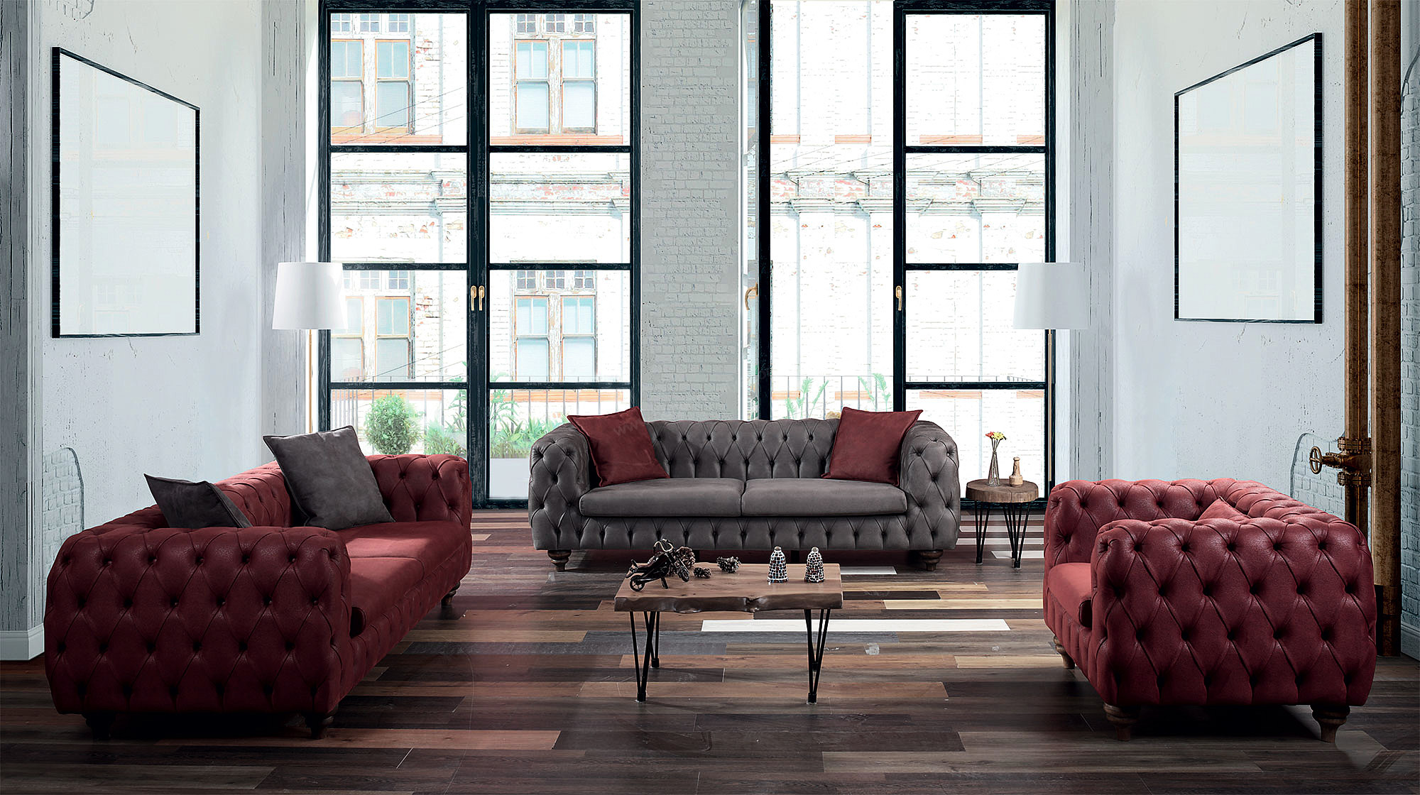 Complete Sofa Set 3+2+1 Seaters Premium Chesterfield Couches Faux Leather Upholstery New