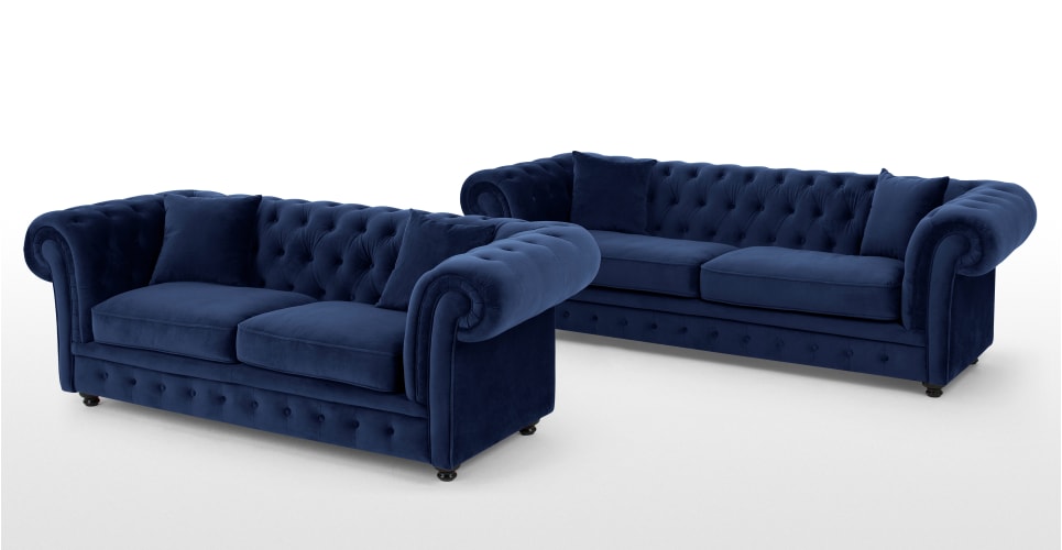 Chesterfield Sofa Set 3+2 Seaters Blue Textile Fabric Couches Comfortable Cushions + Buttons New