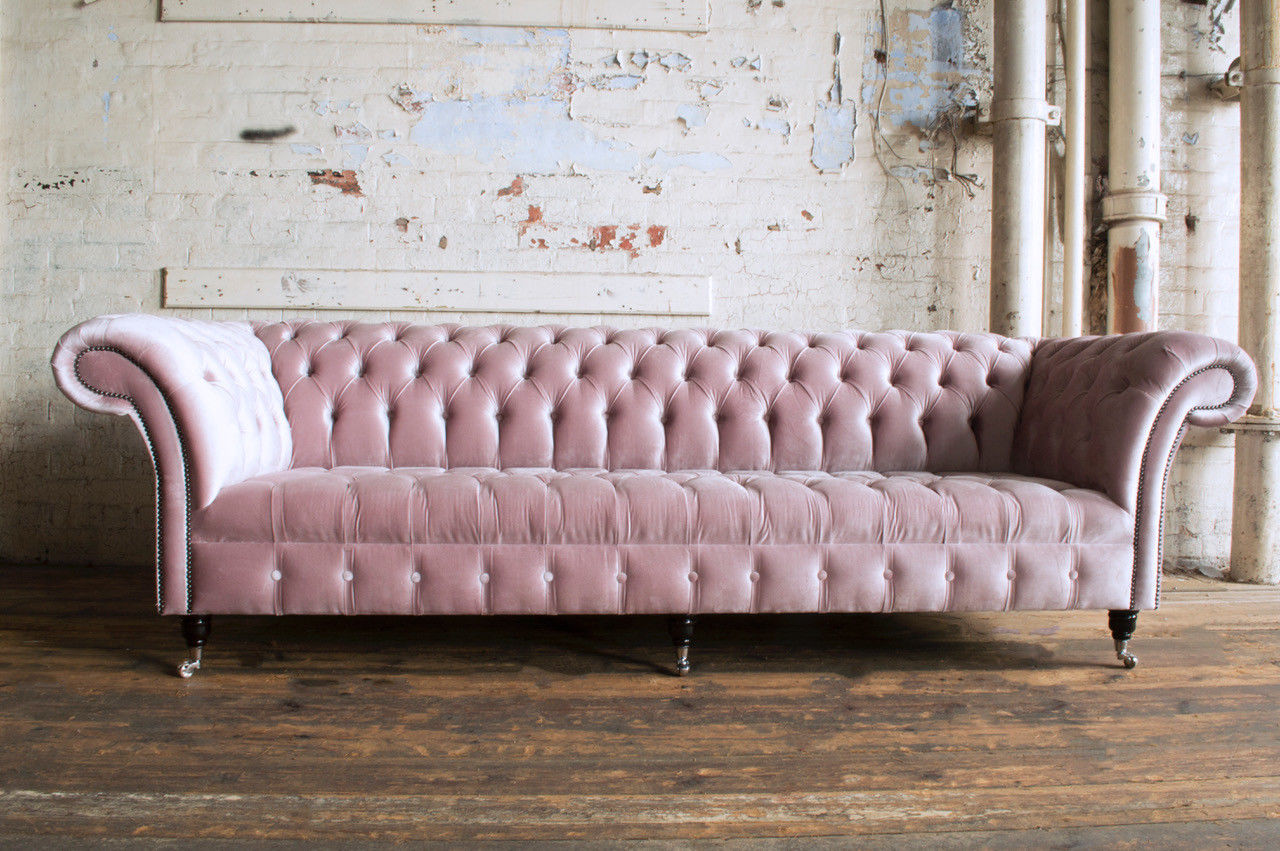 Chesterfield XXL Sofa Luxurious Classic 4-Seater Pink Textile Couch Upholstered Comfortable New on Casters