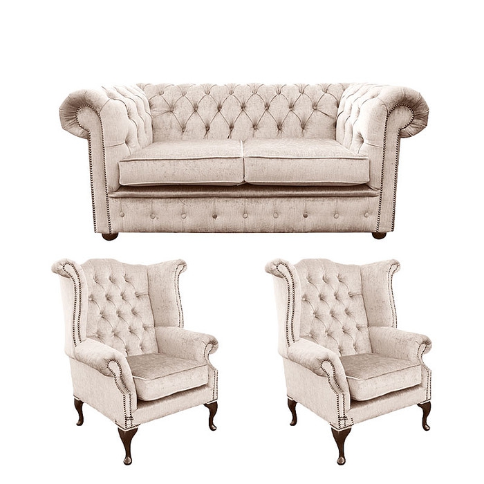 Chesterfield Sofa Set 2-Seater + 2x Wing Chairs Light Beige Textile Upholstered Couches New