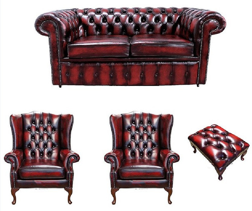 Chesterfield Classic Sofa Set 2-Seater + 2x Wing Back Armchairs + Stool Red Faux Lavish Design New