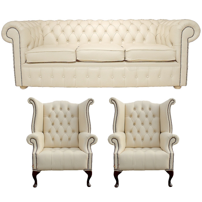 Chesterfield Sofa Set 3-Seater + 2x Wing Chairs Upholstered Light Beige Premium Faux Leather New