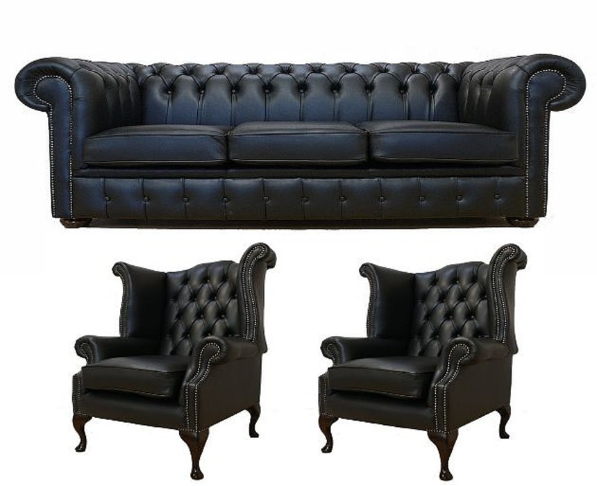 Chesterfield Sofa Set 3-Seater + 2x Wing Chairs Black Faux Leather Comfortable Couches New