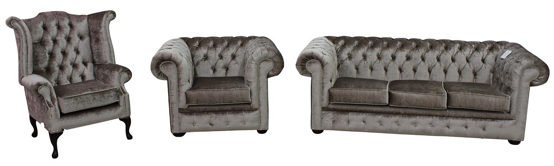 Chesterfield Sofa Set 3+1 Seaters + Wing Chair Textile Grey Comfortable Couches New
