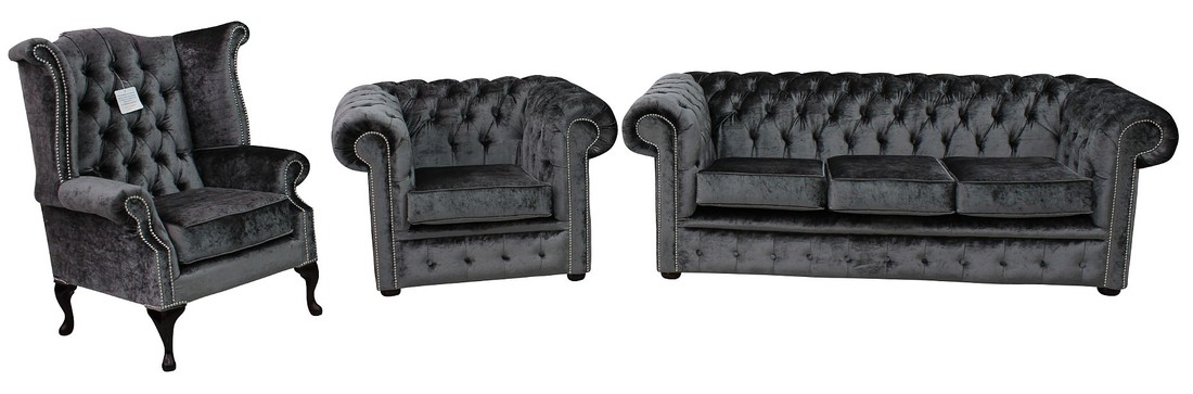 Chesterfield Sofa Set 3+1 Seaters + Wing Chair Dark Grey Textile Cover Comfortable Couches New