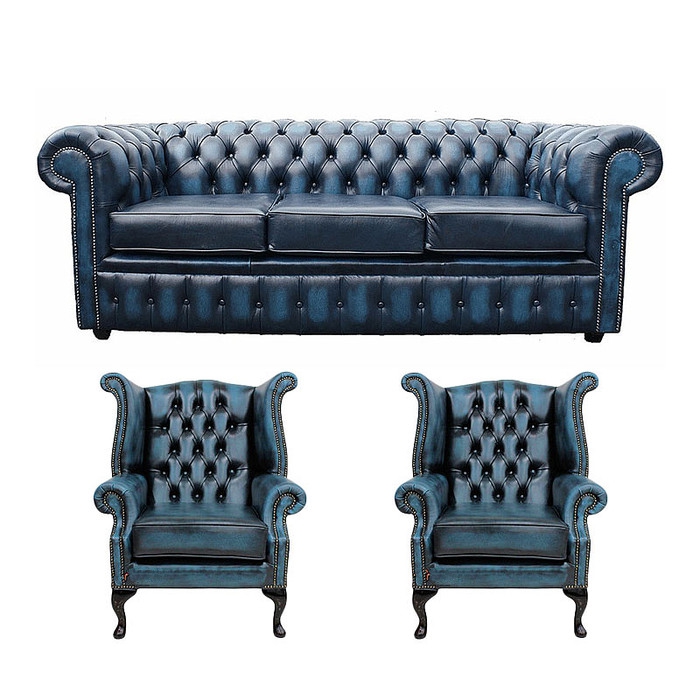 Chesterfield Premium Sofa Set Classic 3-Seater + 2x Wing Back Armchair Blue Faux Leather Upholstered Couches New