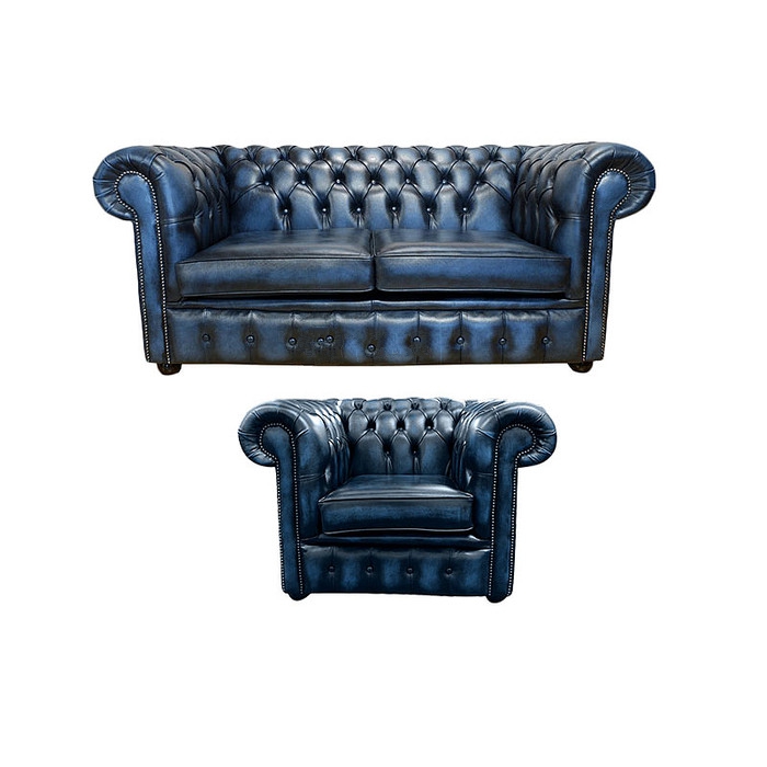 Chesterfield Sofa Set 2+1 Seaters Blue Faux Leather Comfy Living Room Couches New
