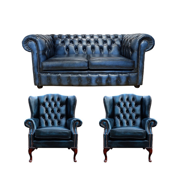 Chesterfield 3-Piece Sofa Set 2-Seater + 2x Wing Chairs Classic Blue Faux Leather Couches New