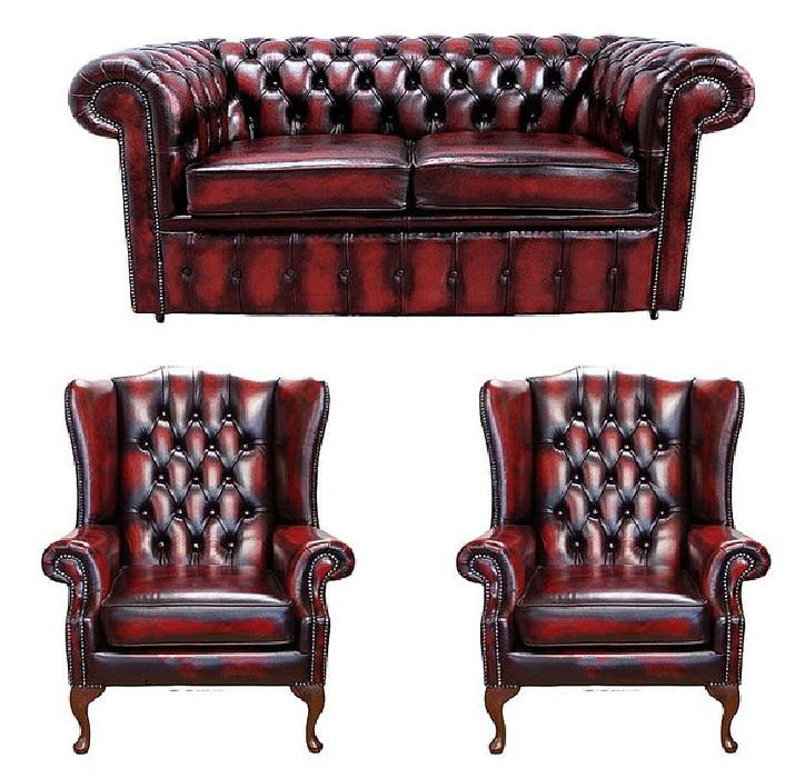Classic Chesterfield Sofa Set 2-Seater + 2x Wing Chairs Red Faux Leather Luxurious Couches New