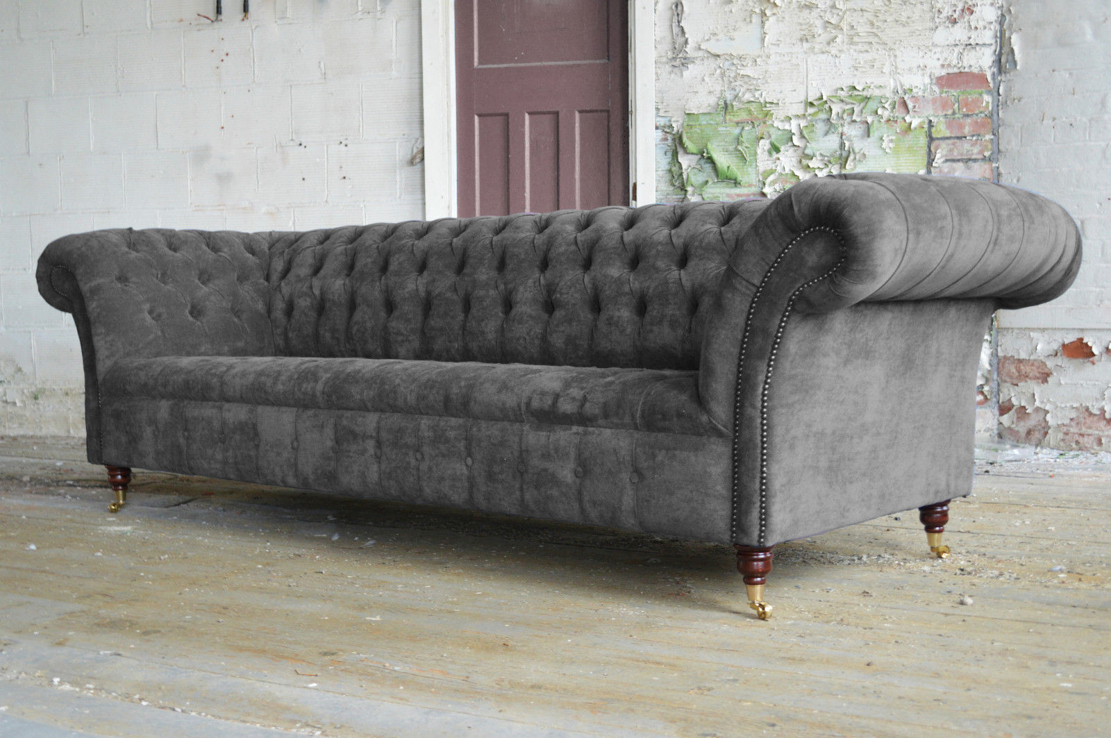 Chesterfield XXL Big Sofa 4-Seater Grey Textile Upholstered Comfortable With Casters New