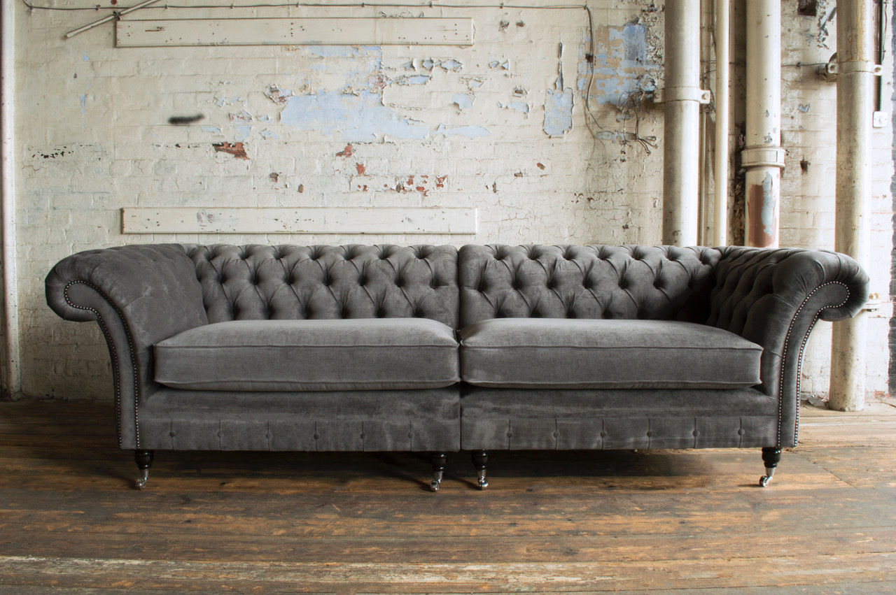 Chesterfield Sofa XXL 4-Seater With Soft Pads Grey Textile Fabric Comfortable Couch New