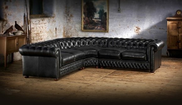 Chesterfield Corner Sofa Black L-Shaped Faux Leather Upholstered Cosy Couch New