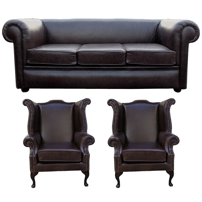 Chesterfield Sofa Set 3-Seater + 2x Wing Chairs Brown Rustic Style Couches Faux Leather New