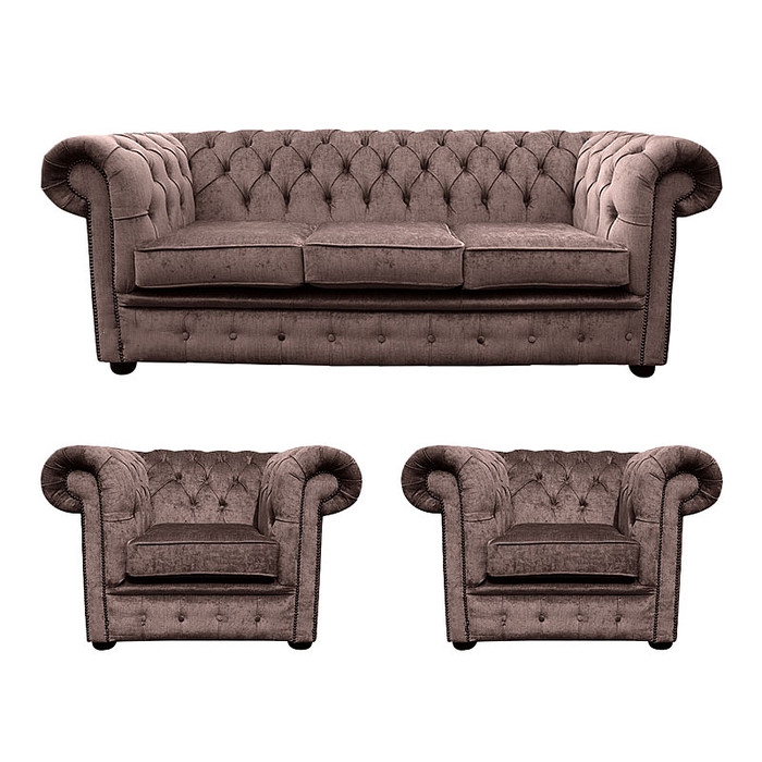 Chesterfield Sofa Set 3+1+1 Seaters Brown Beige Faux Leather / Textile Comfortable Couches New