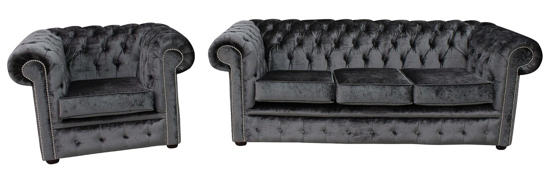 Sofa Set 3+1 Seaters Chesterfield With Buttons Grey Textile Comfortable Couches With Cushions