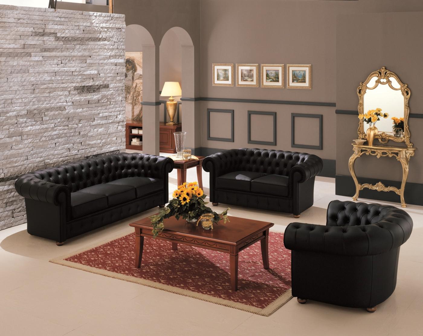 High-quality Chesterfield Sofa Set 3+2+1 Seaters Black Faux Leather Classic Comfortable Couches New