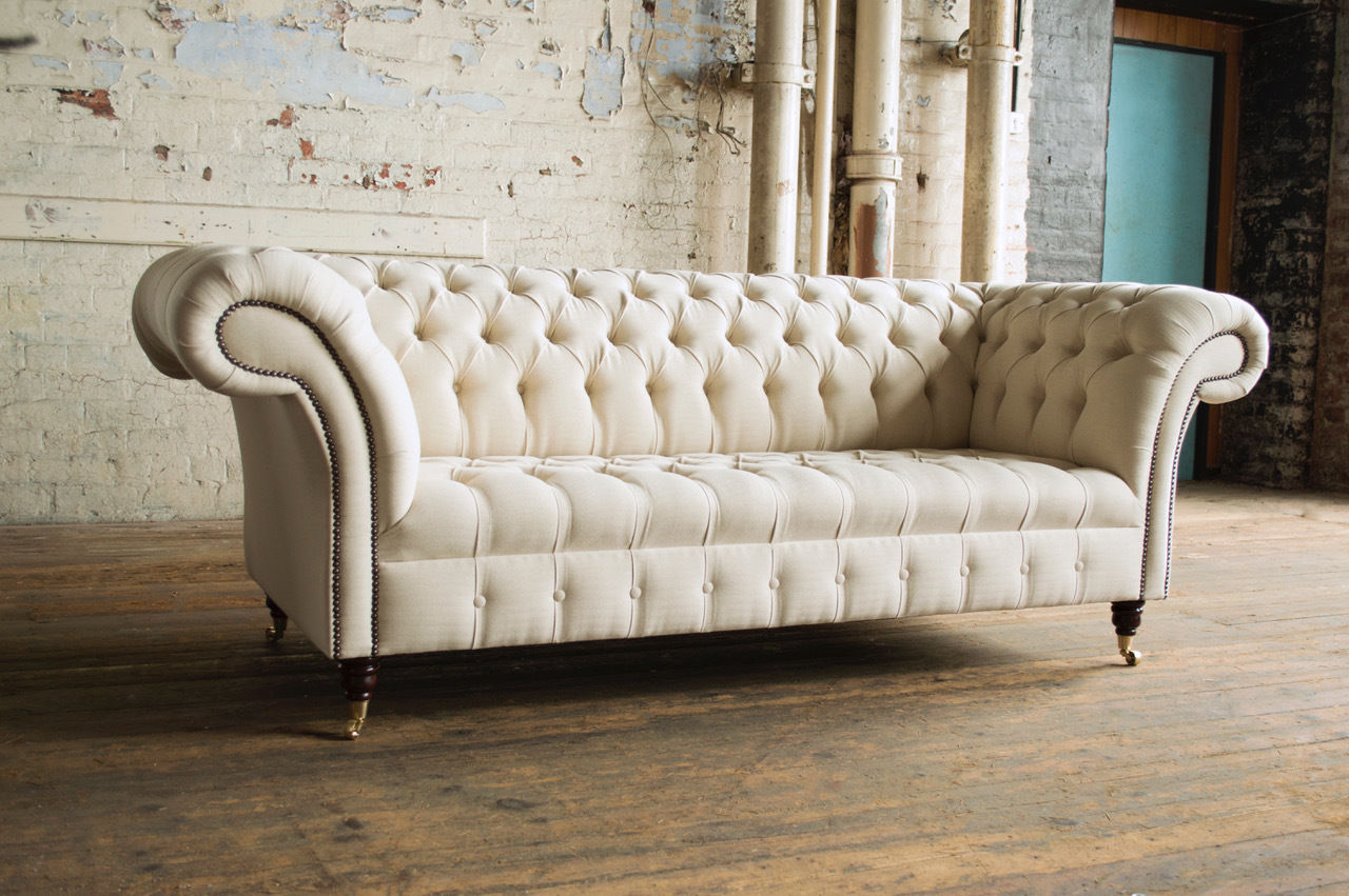 Chesterfield Sofa 3-Seater Classic Design White Beige Textile Comfortable Couch on Castors New