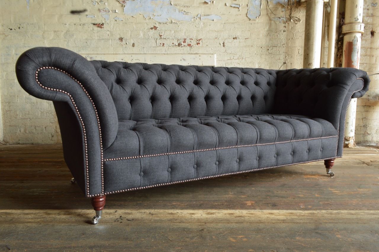 Chesterfield Sofa 3-Seater Classic Design Dark Grey Upholstery Comfortable Couch on Castors New