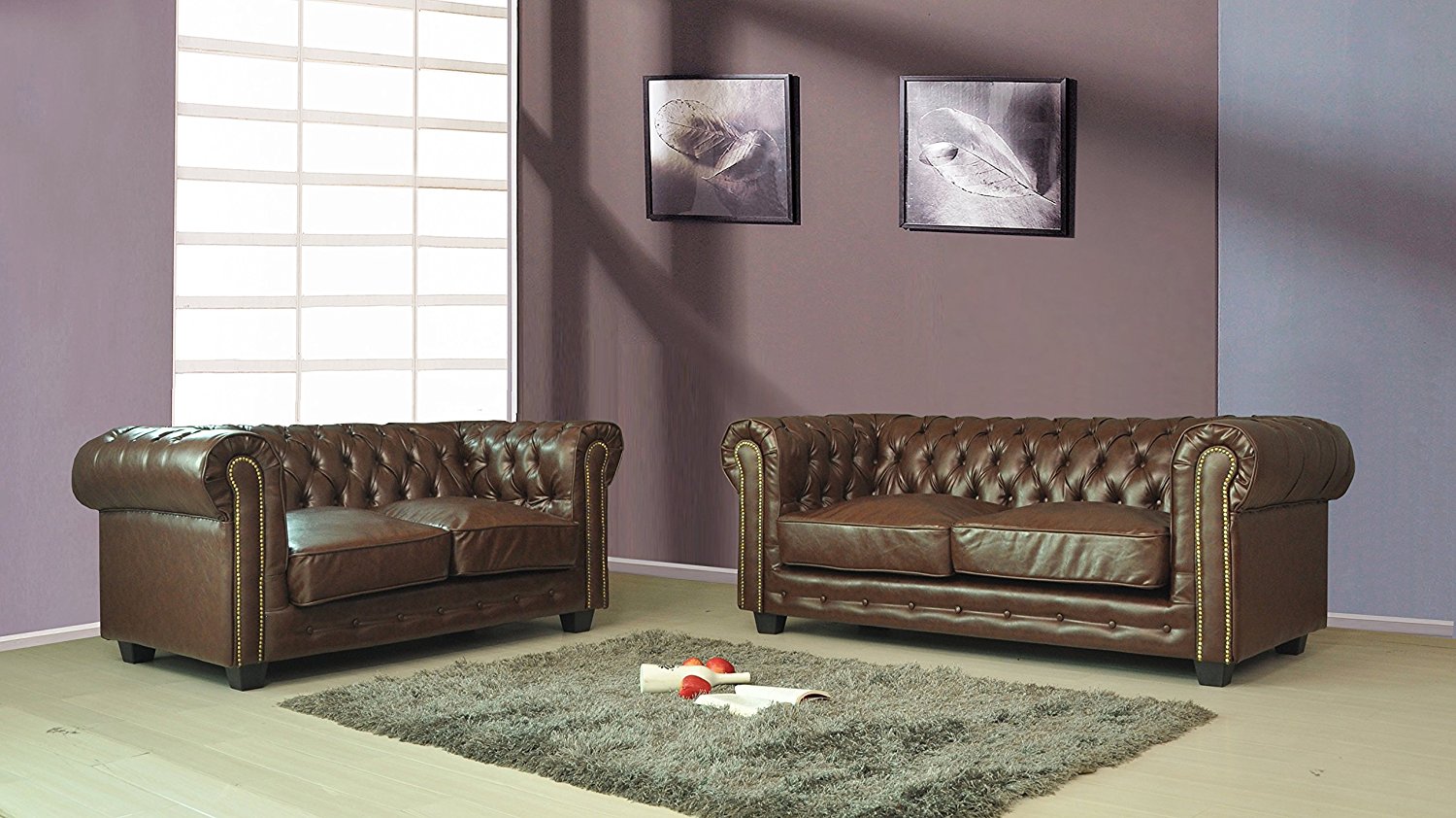 Sofa Set 3+2 Seaters Chesterfield With Buttons Faux Leather Chocolate Brown Upholstery New