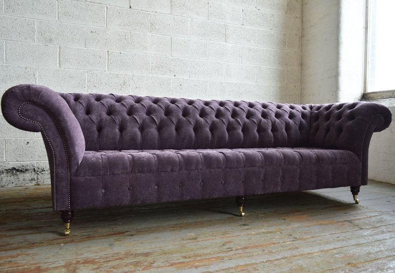 Big Chesterfield Sofa XXL 4-Seaters Purple Textile Upholstered Luxurious Design Comfortable on Casters New