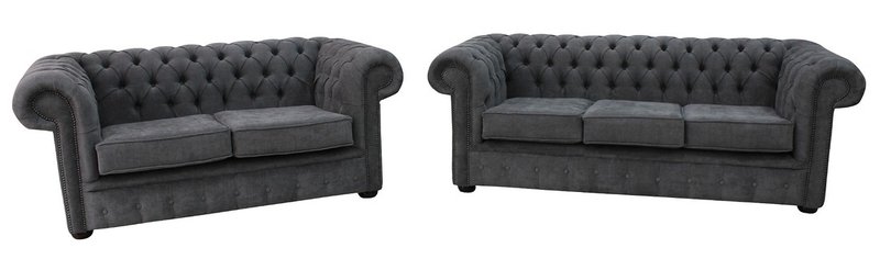 Chesterfield Sofa Set 3+2 Seaters Black Textile Upholstered Modern Comfortable Couches New