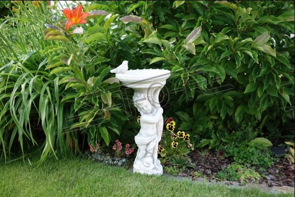 Bird bath decorative sculpture of a boy holding bowl figure made of weather-resistant cement