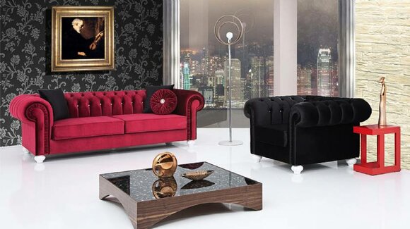 Chesterfield Classic Sofa Set 3+1 Seaters Textile Upholstered Red Black Living Room Couches New