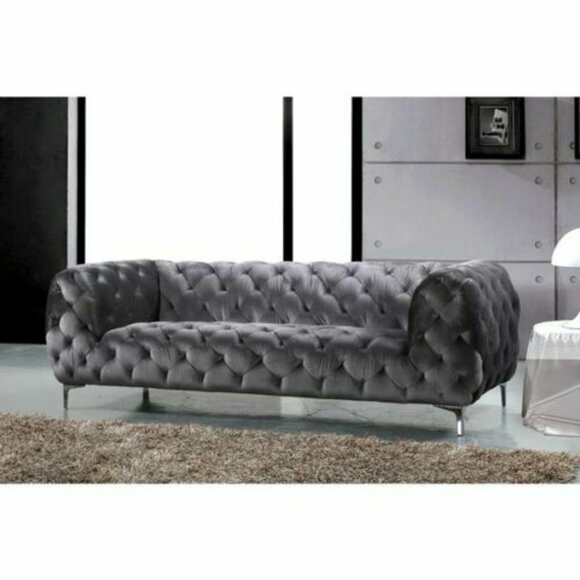 Chesterfield Sofa 3-Seater Grey Textile Metal Legs Luxurious Modern Design Comfortable New