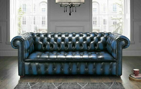 Chesterfield Classic 3-Seater Sofa Blue Faux Leather Rolled Armrest Couch Comfortable New
