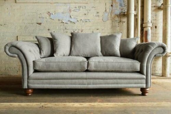 Sofa Chesterfield 3-Seater Grey Textile Upholstery Couch Wooden Feet Comfortable Sofa with Cushions New