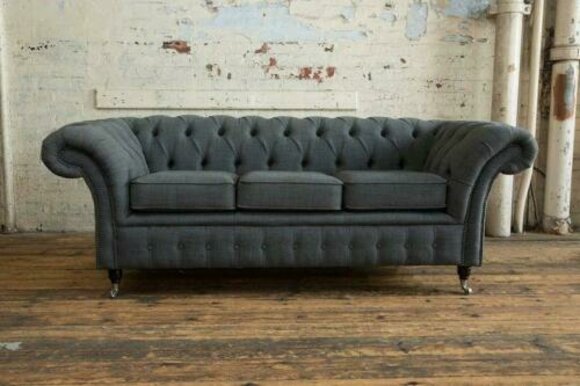 Chesterfield Sofa 3-Seater Modern Style Textile Couch Grey Cover Comfortable New on Castors