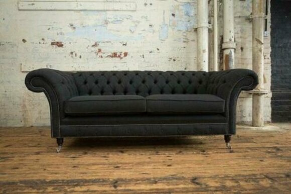 Chesterfield Sofa 3-Seater Black Textile Faux Leather Upholstery Luxurious Couch on Casters New