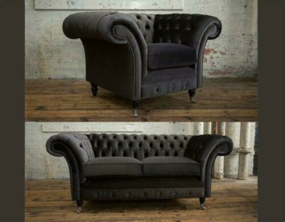 Classic Chesterfield Sofa Set 3+2+1 Seaters Grey Textile Upholstered Living Room Couch New