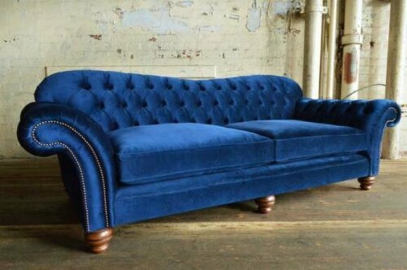 Blue Chesterfield Sofa 3-Seater Textile Fabric Comfortable Couch Rolled Armrests New