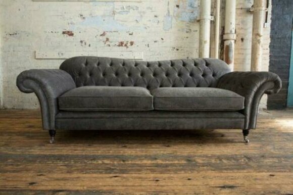 Chesterfield Sofa 3-Seater Grey Textile Royal Classic Design Comfortable Couch on Castors New