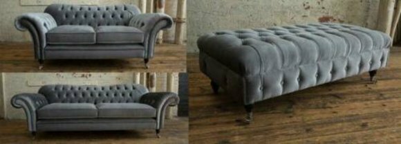 Chesterfield Classic Sofa Set 3+2 Seaters + Stool Textile Grey Couches Comfortable New