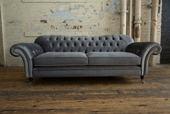 Chesterfield Sofa 3-Seater Grey Textile Comfortable Cushions Amazing Couch on Castors New