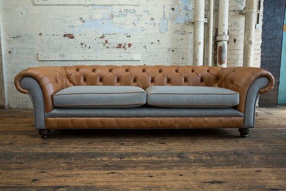 XXL Sofa 4-Seater Chesterfield With Buttons Brown Faux Leather Upholstered + Grey Textile New