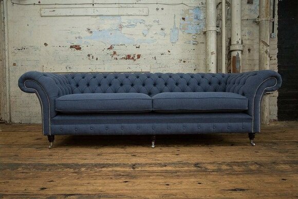 Chesterfield XXL Big Sofa 4-Seater Blue Textile Upholstered Comfortable Couch With Soft Pads New