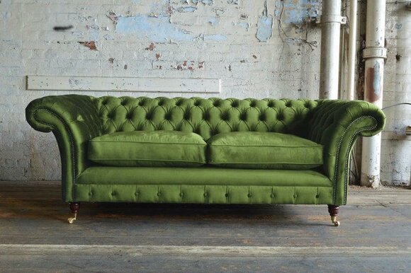 Green 3-Seater Sofa Chesterfield With Buttons Textile Fabric Upholstery Comfortable Couch on Castors New