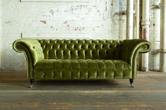 Chesterfield Sofa 3-Seater Textile Velvet Upholstery Green Colour Luxurious Couch on Castors