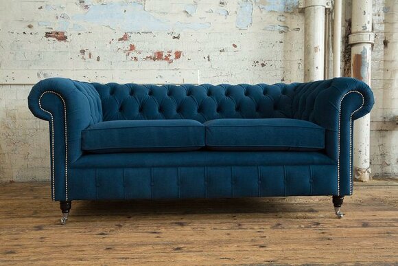 Blue Chesterfield couch textile upholstery seat set sofa fabric sofas 3 seater