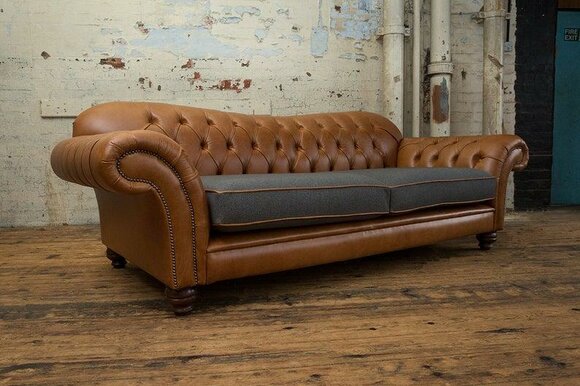 Modern Leather Sofa 3-Seater With Cushions Brown + Grey Couch Comfortable Sofa New